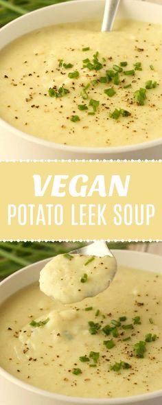 two bowls filled with potato leek soup