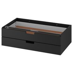 a black drawer with two drawers on the bottom and one drawer open to reveal an item