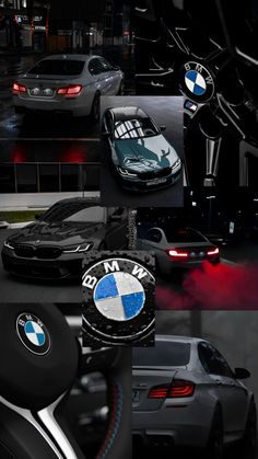 several different cars are shown in this collage with the bmw logo on one side