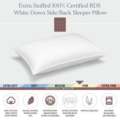 the white down stomach sleeper pillow is shown with information about how to put it on