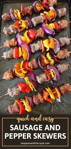 grilled sausage and pepper skewers on a grill with the title overlay