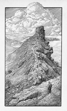 a black and white drawing of a mountain with clouds in the sky above it is a man standing on top of a hill