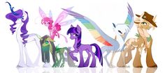 several different colored ponys are standing in a line with their tails up and wings down