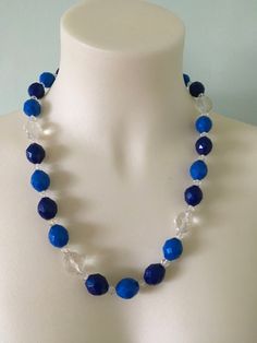 "Pretty beaded necklace. Two different shades of blue honeycomb shaped beads alternating with a large clear head. Between the beads are small clear beads. Barrel closure. Size: L x 26\" Condition: Vintage Excellent" Different Shades Of Blue, Honeycomb Shape, Bracelet Craft, Bracelet Craft Diy, Clear Beads, Jewelry Style, Chapel Hill, Cute Necklace, Bracelet Crafts