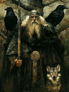 Discover the commanding presence of Odin, the Allfather and ruler of Asgard in Norse mythology, in this stunning artwork. Depicted with his spear Gungnir, accompanied by his loyal wolves, and his ravens, Odin embodies wisdom, war, and magic. As Thor’s father and the god of prophecy and poetry, Odin holds dominion over the realms of life and death.   #Odin #Thor #NorseMythology #Wolf #NorseGod #VikingArt #MythologyArt #NordicGods #Raven Odin Art, Fantastical Architecture, Norse Mythology Book, Deity Art, Odin Norse Mythology, Scandinavian History, Raven And Wolf