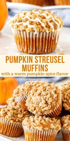 pumpkin streusel muffins are stacked on top of each other