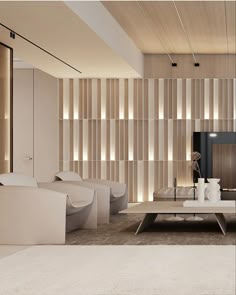 a living room filled with white furniture next to a tall wooden wall covered in vertical slats