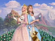 the princess and her cat are standing next to each other in front of a castle