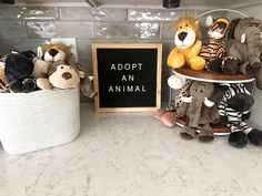 several stuffed animals are sitting on shelves with a sign