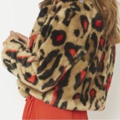 Nwt Comfortably Fits Size 6- 14 Depending On Desired Fit A Versatile Pice, This Cropped Faux Fur Jacket With Contrasting Colours Incorporated Through The Leopard Print, Is A Bold Piece That Adds Both Warmth And Style To Your Wardrobe. *No Closure, However Can Be Worn With A Beautiful Brooch. Red Faux Fur Outerwear For Fall, Chic Red Fur Coat For Fall, Red Long Sleeve Fur Coat For Fall, Bold Fitted Long Sleeve Outerwear, Red Faux Fur Long Sleeve Outerwear, Red Fur Coat For Fall, Chic Red Faux Fur Outerwear, Quilted Shirt, Long Fur Coat