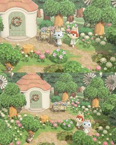 an animal village with many animals in the yard and flowers on the ground around it