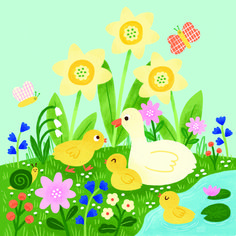 two ducks and three ducklings are in the grass near flowers, water and butterflies