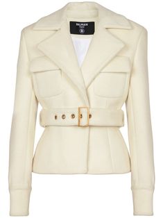 beige virgin wool-cashmere blend notched lapels long sleeves belted waist two chest flap pockets straight hem Outfit Trabajo, Balmain Jacket, Women Blazers, Belted Jacket, Belted Coat, Iconic Bags, Van Cleef Arpels, Dresses Shoes, Ballet Flat Shoes