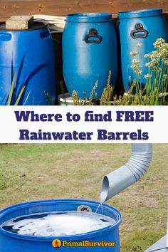 there is a bucket with water in it and the words where to find free rainwater barrels