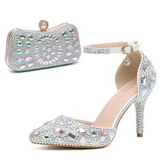 Category:Heels,Wedding Shoes,Pumps; Upper Materials:PU; Embellishment:Rhinestone,Crystal,Sparkling Glitter; Season:Fall,Spring; Heel Type:Stiletto; Gender:Women's; Toe Shape:Pointed Toe; Type:Bridal Shoes,Bridesmaid Shoes,Shoes And Bags Matching Sets; Style:Vintage,Luxurious,Elegant; Heel Height(inch):2-3; Outsole Materials:Rubber; Occasion:Party; Closure Type:Ankle Strap; Production mode:Self-produce; 2024 Trends:Bling Bling,Ladies Shoes Valentines Gifts; Foot Length:; Foot Width:; Size chart date source:Provided by Supplier.; US Size:null; UK Size:14.5; EU Size:50 Crystal Wedding Shoes With Rhinestones For Prom, Glamorous Crystal Wedding Shoes For Prom, Shoes Bridesmaid, Wedding Shoes Pumps, Wedding High Heels, Glitter High Heels, Heels Wedding, Sparkle Shoes, Glitter Pumps