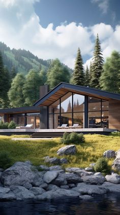 an artist's rendering of a house in the woods with mountains and trees behind it