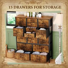 an image of a storage unit with drawers on it and the words, 15 drawers for storage