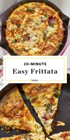 an easy frittata recipe is shown with the title text overlaying it