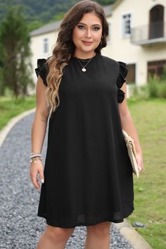 This versatile black dress exudes elegance and is perfect for any casual occasion. It features ruffled detailing and a flirty, short length. The keyhole back and button closure at the nape add a touch of charm. Whether worn at brunch or on a night out, this dress is sure to leave a lasting impression. Size Chart (INCH) Sizes US Sizes Bust Hem_Width Shoulder Sleeve_Length Length Relax Relax Relax Relax Relax 1X 14W-16W 46.9 58.7 16.5 2.4 38.2 2X 18W-20W 50.0 61.8 17.4 2.4 39.0 3X 22W-24W 53.1 65. Plus Size Mini Dresses, Mini Robes, Plus Size Maxi, Round Neck Dresses, Shift Dress Black, Plus Size Maxi Dresses, Plus Size Swimwear, Black Ruffle, Dress Materials