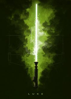 a green poster with a light saber in the center and clouds around it, on a dark background