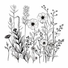 black and white drawing of wildflowers