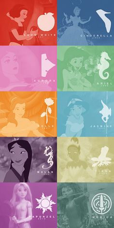 the seven avatars of disney's princesses in different colors and sizes, all with