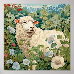 a painting of a sheep standing in a field of flowers and plants with bluebells behind it