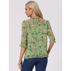 Whether you're in the office or out on the town, this ruffle collar floral print top is perfect for any occasion. It looks comfortable and it is made of very nice flowy breathable material with a pretty floral design. It looks fresh and great for early fall. The style of the blouse gives a very fresh and youthful look without excluding an older audience. Beautiful boho design, very neutral color, could match with Jeans for a very tailored casual look, great for spring and summer. Floral Print Chiffon Blouse, Floral Print Chiffon, Women's Blouses, Boho Designs, Ruffle Collar, Floral Print Tops, Neck Ruffle, Green Blouse, Chiffon Blouse