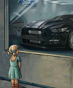 a girl looking at a car in a shop window with the ford logo on it