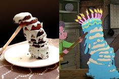 there are two different pictures one is an ice cream sundae and the other is a cake