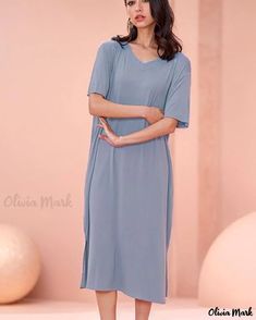 OliviaMark - Premium Maternity Sleep Dress: High-quality Modal Short Sleeve Knee-Length Nightwear for Stylish and Comfortable Outdoor Use, Featuring Built-in Bust Support Gray Spring Sleepwear, Maternity Sleepwear, Without Bra, Dress Stylish, Outdoor Comfort, Sleep Dress, Sophisticated Dress, Outdoor Wear, Batwing Sleeve