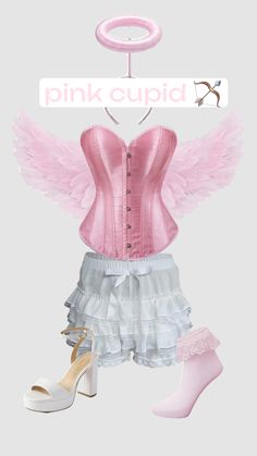 a pink corset with angel wings and high heeled shoes is shown in this image