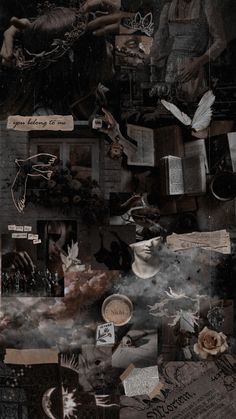 collage of altered images with old books and other items in the background, including an image of a woman's face