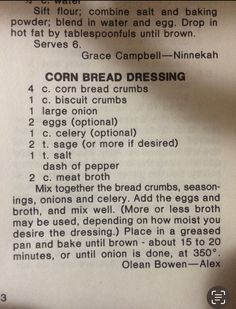 an open book with instructions on how to make corn bread