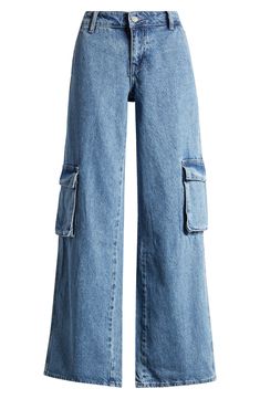 Side cargo pockets give you ample space on these faded wide-leg jeans that give you definite retro vibes. 29 1/2" inseam; 24" leg opening; 10" front rise; 14 1/2" back rise (size 29) Zip fly with button closure Side cargo pockets 100% cotton Machine wash, tumble dry Imported Over Sized Jeans, Ripped Cargo Pants, Baggy Jeans With Pockets, Empire Jeans, Clothes Png Polyvore, Jean Cargo Pants, Baggy Cargos, Blue Cargo Jeans, Aesthetic Clothes Png