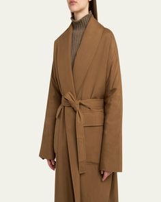 Loro Piana "Dwight" wrap coat in Japanese silk    Shawl collar; singlebreasted front    Long sleeves    Selftie belted waist    Side flap pockets    Straight fit    Full length    Silk    Dry clean    Made in Italy Tailored Long Sleeve Outerwear With Belt, Spring Shawl Collar Belted Outerwear, Tailored Fall Outerwear With Self Belt, Formal Long Coat With Self Belt, Office Outerwear Long Coat With Self Belt, Fall Outerwear With Self Belt And Lapel Collar, Long Sleeve Outerwear For Work With Self Belt, Elegant Formal Robe For Fall, Belted Suit Collar Outerwear For Work