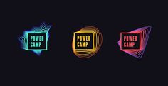 four different colored logos with the words power camp on them, all in neon colors