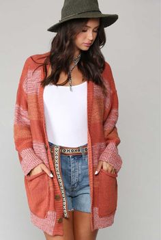 Clay Mix Stripe Cardigan - Jade Creek Boutique Stripe Cardigan, Bohemian Vibes, Striped Cardigan, Color Combo, Earthy Tones, Striped Knit, Color Combos, Knitted Sweaters, Relaxed Fit