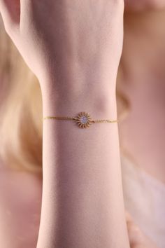 "14k Gold Sun Bracelet / Handmade Gold Sun Bracelet / Gold Sun Bracelet Available in Gold, Rose Gold and White Gold ❥ ITEM DETAILS ---> Gold Color of Choice : Yellow Gold, Rose Gold, White Gold ---> Material : 14k ( 585 ) Real Gold. It is Not Gold Filled or Gold Plated ---> Made to order ---> Adjustable Chain is Optional ---> Cross Size: 12 x 12 mm ---> Closure: Spring Ring ---> Ship in 3- 5 Business Days ---> Length of Chain 5.5 inches - 8.5 inches ❥ Gift Wrapping and Pa Rose Gold Charm Bracelet With Jubilee Detail, Rose Gold Charm Bracelet With Jubilee Bracelet, Gift Rose Gold Diamond Bracelet With 17 Jewels, Rose Gold Diamond Bracelet With 17 Jewels For Gift, Rose Gold Jubilee Charm Bracelet, Round Rose Gold Bracelet Strap Jewelry, Delicate Rose Gold Round Bracelets, Sun Bracelet, Evil Eye Necklace Gold