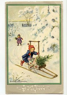 an old fashioned christmas card features a child on a sled with a tree in it