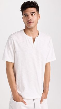 Vince Slub Split Neck Tee | Shopbop White Cotton T-shirt With Henley Neckline, Short Sleeve Linen T-shirt For Loungewear, White Casual Henley T-shirt, White Henley Neckline T-shirt Casual, White Henley Neckline Casual T-shirt, Relaxed Fit Henley T-shirt For Summer, White Cotton Henley Neckline T-shirt, Henley Neckline T-shirt With Relaxed Fit For Summer, White Henley Neckline Cotton T-shirt