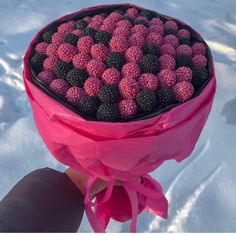 a person holding a bouquet of raspberries in the snow