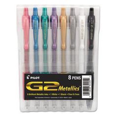 six different colored pens in a plastic container with white writing on the top and bottom