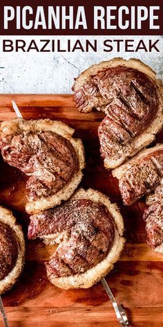 there are several pieces of meat on the cutting board with utensils in front of them