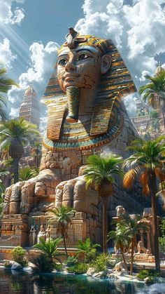 an egyptian statue with palm trees and clouds in the background, near a body of water