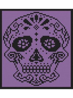 a cross stitch skull in purple and black