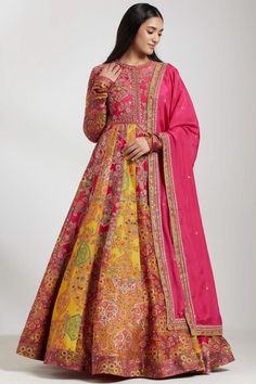 Buy Printed Magenta Chanderi Kalidar Set -Designer Wear - Ensemble Luxury Meenakari Chanderi Dupatta, Festive Chanderi Floor-length Sets, Multicolor Floral Print Chanderi Dupatta, Festive Multicolor Chanderi Fabric, Luxury Multicolor Chanderi Fabric, Silk Cape, Bandhani Dress, Cape Tops, Embroidery Materials