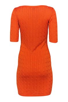 Go bright and bold in comfort with this soft and stretchy frock from Ralph Lauren! Made with a classic cable knit, this is a fitted knit dress that is sure to bring some timeless elegance to even your most casual of pieces! Size M 100% Silk Tight knit with cable design Scoop neckline Cropped sleeves Material provides stretch, no closures Waist 25" Bust 28" Total length 37" Fitted Textured Knit Sweater Dress, Fitted Cable Knit Sweater Dress, Chic Fitted Cable Knit Sweater Dress, Fitted Pointelle Knit Sweater Dress In Mini Length, Chic Fitted Cable Knit Dress, Casual Fitted Cable Knit Sweater Dress, Fitted Pointelle Knit Sweater Dress, Ralph Lauren Dresses For Fall, Fitted Orange Knit Dress