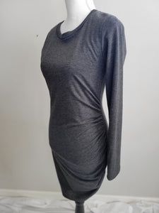 Long-sleeved Dress With Ruched Sides For Date Night, Fitted Ruched Long Sleeve Evening Dress, Spring Ruched Bodycon Long Sleeve Dress, Spring Bodycon Long Sleeve Ruched Dress, Stretch Ruched Long Sleeve Dress, Long Sleeve Dress With Ruched Sides For Date Night, Flattering Long Sleeve Stretch Dress, Flattering Stretch Long Sleeve Dresses, Gray Long Sleeve Stretch Dress