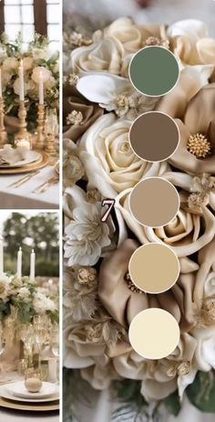 the table is set with flowers and candles for an elegant wedding reception in neutral tones